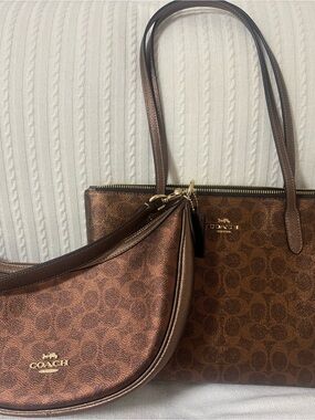 Coach Metallic Brown Signature Tote and Crescent Hobo Set